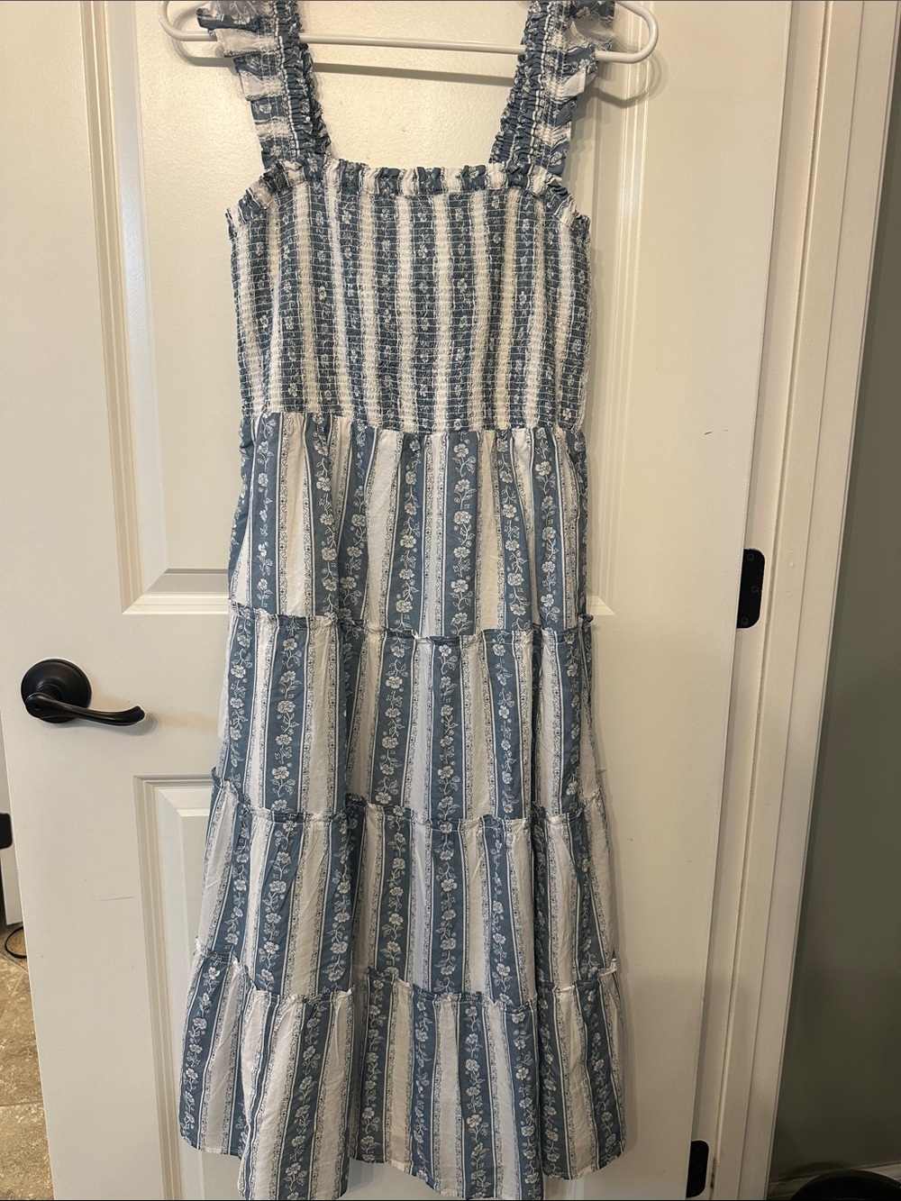 J. Crew Blue and White Striped Floral Tiered Sundress